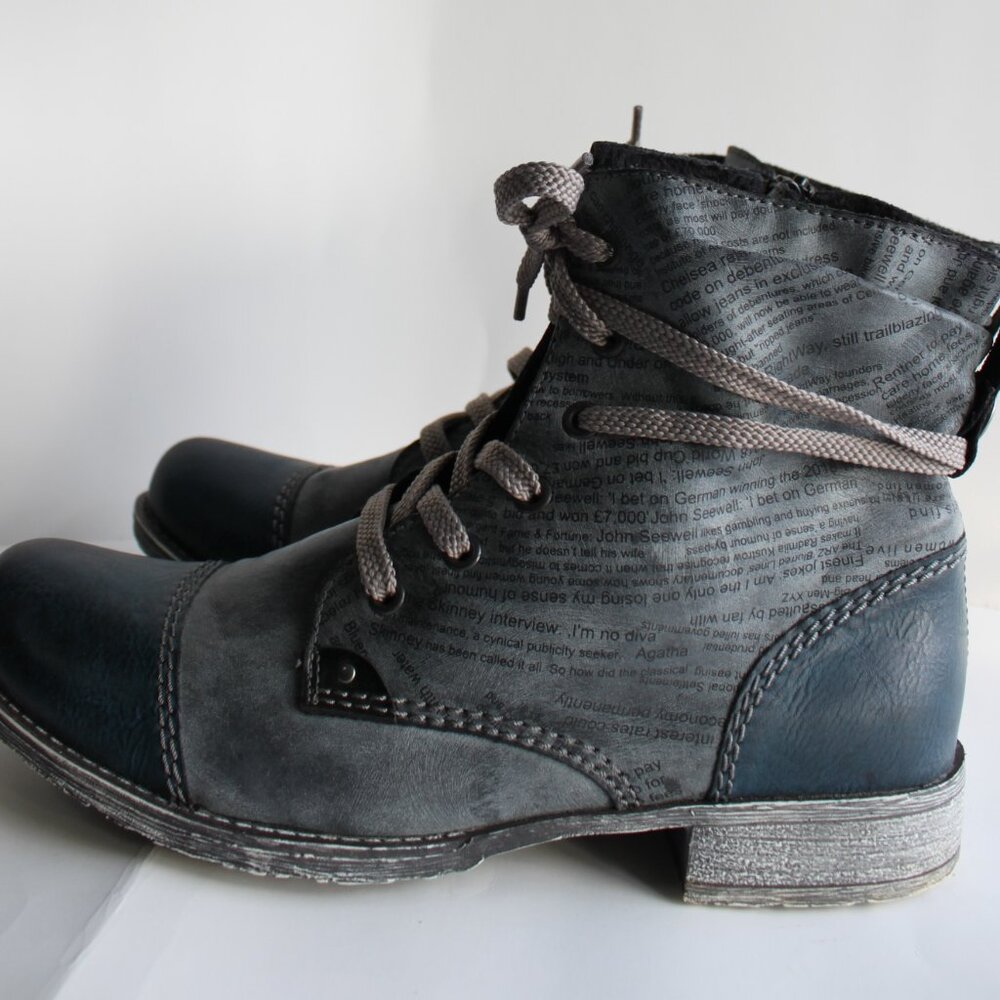 Rieker Navy Newspaper Print Ankle Boots - Rare Vintage Style Anti-Stress 40/9 📰 - Picture 6 of 10
